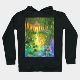 sunset on the pond of lotus and lily relaxing scenery acrylic painting Hoodie